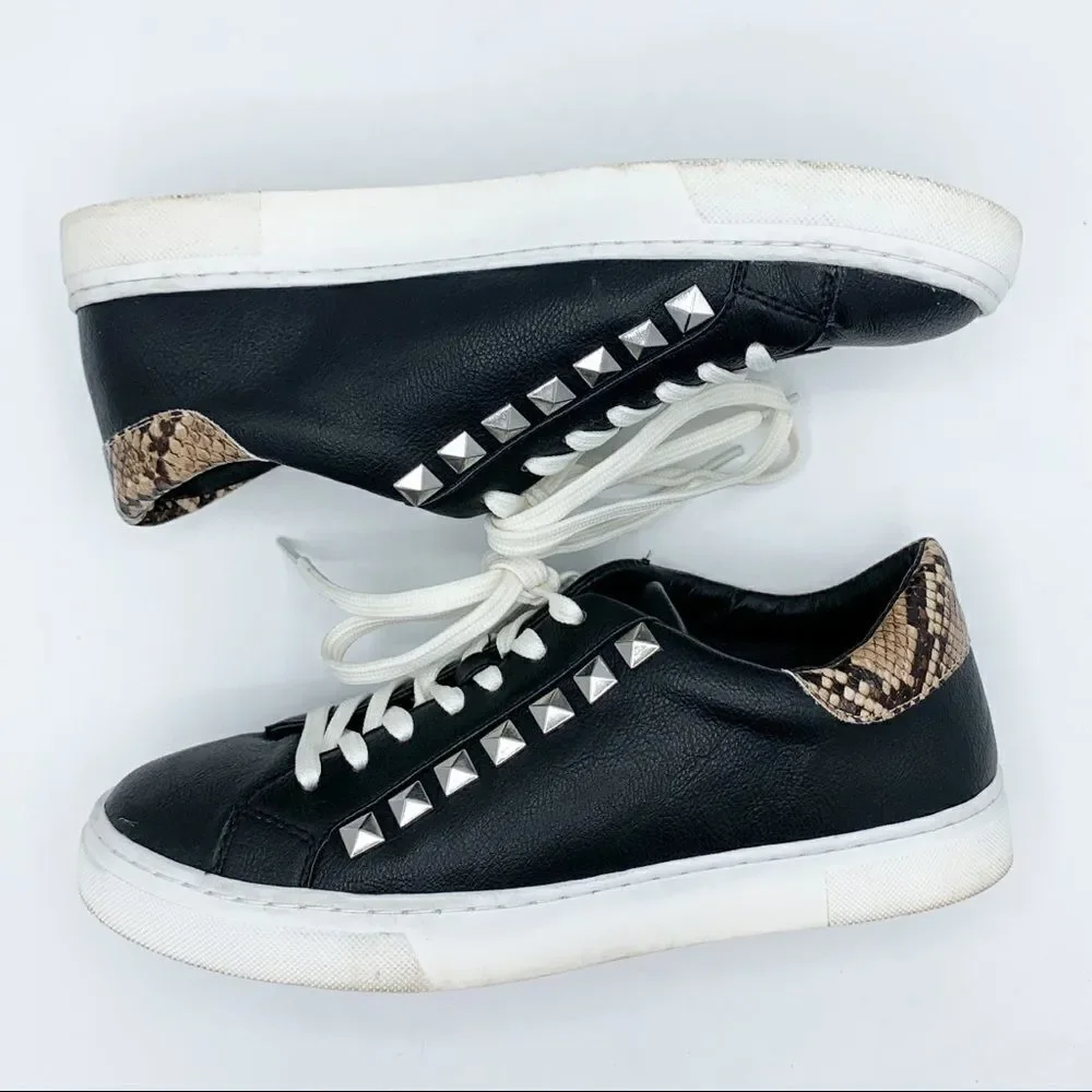 Steve Madden Sienna Black Lace‎ Up Sneakers with Snakeskin and Stud Detailing